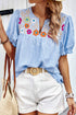 Artisan Floral Embroidery Puff Sleeve Printed V Neck Top